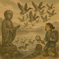 「江津湖のカモ」　怠け者村人を何とかしようとお地蔵さんは考えた