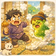 「めおと喧嘩と打出の小槌」　怠け者の夫が手にした打ち出の小槌。夫婦喧嘩の果てに妻が鼻くそに⁉