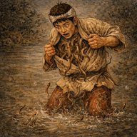 「源九郎さんのドジョウ取り」 祭りで食べるドジョウが獲れずお願いされた源九郎…