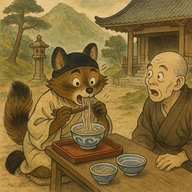 「タヌキと蕎麦」　小僧に化けた豆狸。蕎麦を食べて元の姿に