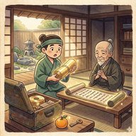 「万太郎と観音さま」　いわゆるわらしべ長者ですね！