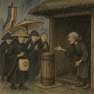 「葬式の雨宿り」　葬式の行列を雨宿りさせたばあさんに幸福が