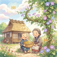 「朝顔のつる」　 貧乏な母と子が亡父の朝顔の種を植えると蔓が伸び・・・天上にいたのは！