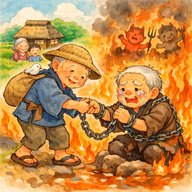 「悪か爺（じじい）の行った先」　借金を踏み倒した悪い爺さんは火焔地獄に